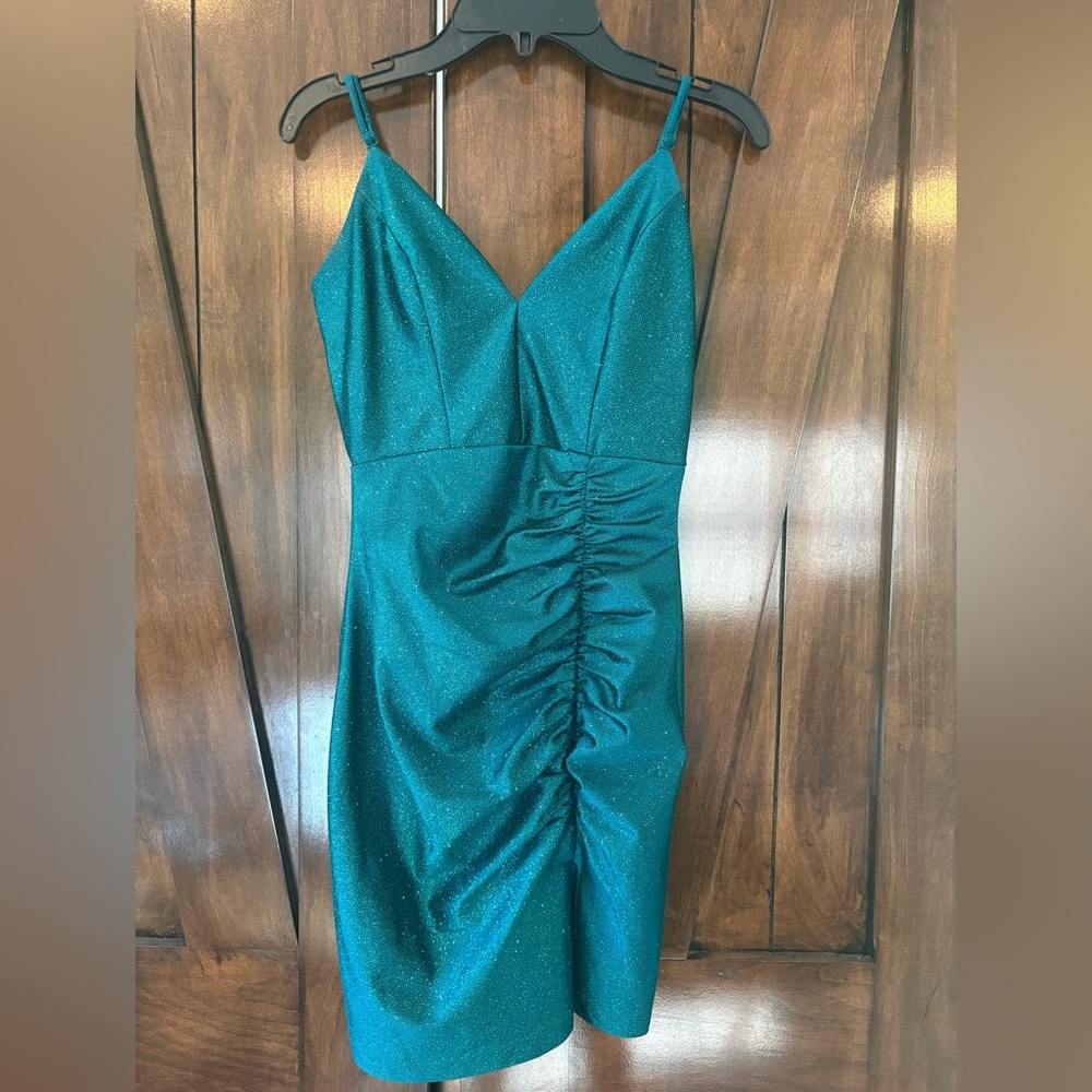 Honey and Rosie Teal Sparkle Ruched Satin Prom Dress